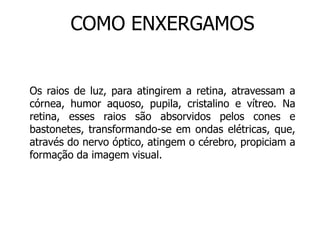 COMO ENXERGAMOS 
Os raios de luz, para atingirem a retina, atravessam a 
córnea, humor aquoso, pupila, cristalino e vítreo. Na 
retina, esses raios são absorvidos pelos cones e 
bastonetes, transformando-se em ondas elétricas, que, 
através do nervo óptico, atingem o cérebro, propiciam a 
formação da imagem visual. 
 