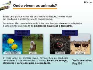 Onde vivem os animais?
Existe uma grande variedade de animais na Natureza e eles vivem
em condições e ambientes muito diversificados.
Minhoca AvestruzLontra
Ambiente
terrestre
Peixe-borboleta
Os animais têm características distintas que lhes permitem estar adaptados
a uma grande diversidade de ambientes aquáticos e terrestres.
O meio onde os animais vivem fornece-lhes as condições
necessárias à sua sobrevivência, como: locais de refúgio,
alimentos e condições para a reprodução.
Ambiente
aquático
Verifica se sabes:
Pág.108
 