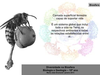 Diversidade na Biosfera
Biologia e Geologia – 10º ano
Maria João Drumond / janeiro 2013
Camada superficial terrestre
capaz de suportar vida
É um sistema global que inclui
toda a vida na Terra, os
respectivos ambientes e todas
as relações estabelecidas entre
si.
Biosfera
 