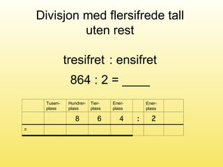 Divisjon med flersifrede tall uten rest tresifret  : ensifret 864  : 2 = ____ = 2 : 4 6 8 Ener-plass Ener-plass Tier-plass Hundrer-plass Tusen-plass 