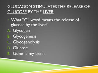 GLUCAGON STIMULATES THE RELEASE OF
GLUCOSE BY THE LIVER
• What “G” word means the release of
  glucose by the liver?
A. Glycogen
B. Glycogenesis
C. Glycogenolysis
D. Glucose
E. Gone-is-my-brain
 