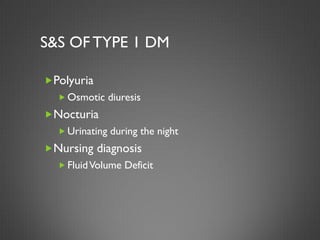 S&S OF TYPE 1 DM

Polyuria
   Osmotic diuresis
Nocturia
   Urinating during the night
Nursing diagnosis
   Fluid Volume Deficit
 