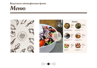 Визуальная идентификация бренда
Салат «Греческий»
с гигантскими оливками
270 Р
Салаты
Цезарь
с курицей
гриль
260 Р
Руккола
с грибами
260 Р
Баклажа-
новая
башня
190 Р
Салат
из свежих
овощей
240 Р
Салат
«Капрезе»
240 Р
Курица
с морковью
по-грузински
230 Р
Меню
 