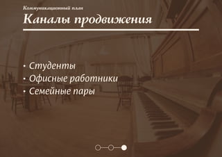 Коммуникационный план
• Студенты
• Офисные работники
• Семейные пары
Каналы продвижения
 