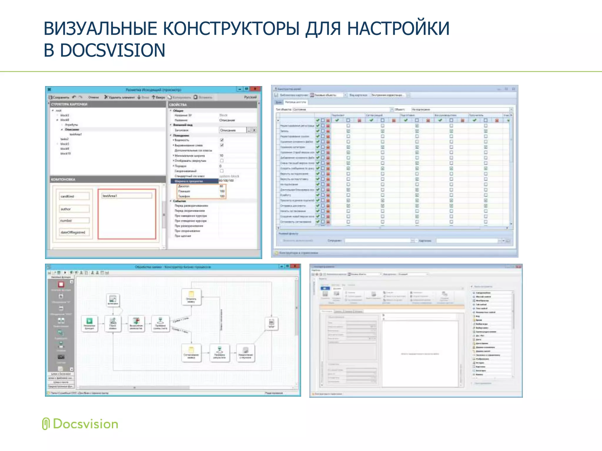 ВИЗУАЛЬНЫЕ КОНСТРУКТОРЫ ДЛЯ НАСТРОЙКИ
В DOCSVISION
 