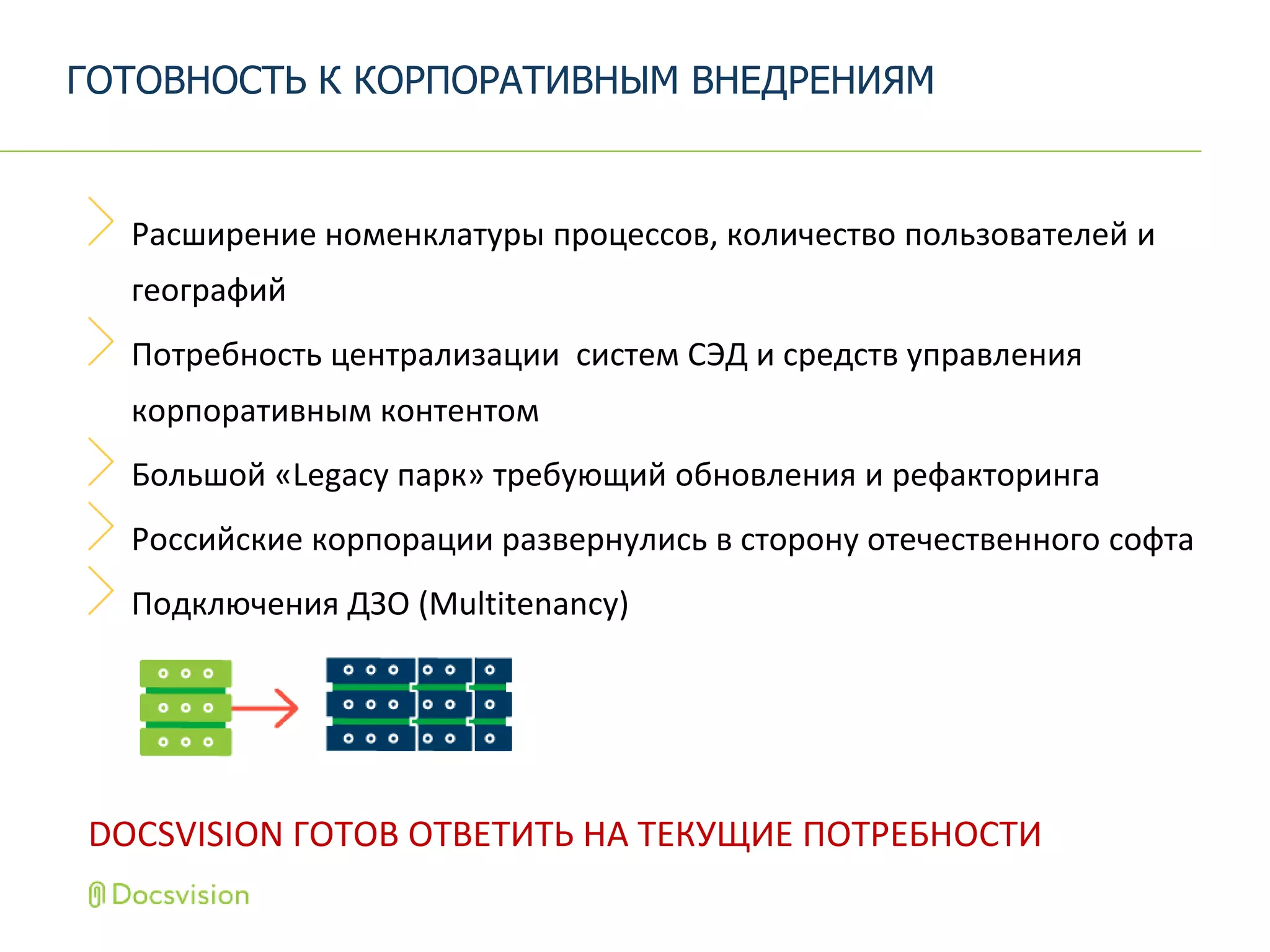Расширение номенклатуры процессов, количество пользователей и
географий
Потребность централизации систем СЭД и средств управления
корпоративным контентом
Большой «Legacy парк» требующий обновления и рефакторинга
Российские корпорации развернулись в сторону отечественного софта
Подключения ДЗО (Multitenancy)
DOCSVISION ГОТОВ ОТВЕТИТЬ НА ТЕКУЩИЕ ПОТРЕБНОСТИ
ГОТОВНОСТЬ К КОРПОРАТИВНЫМ ВНЕДРЕНИЯМ
 