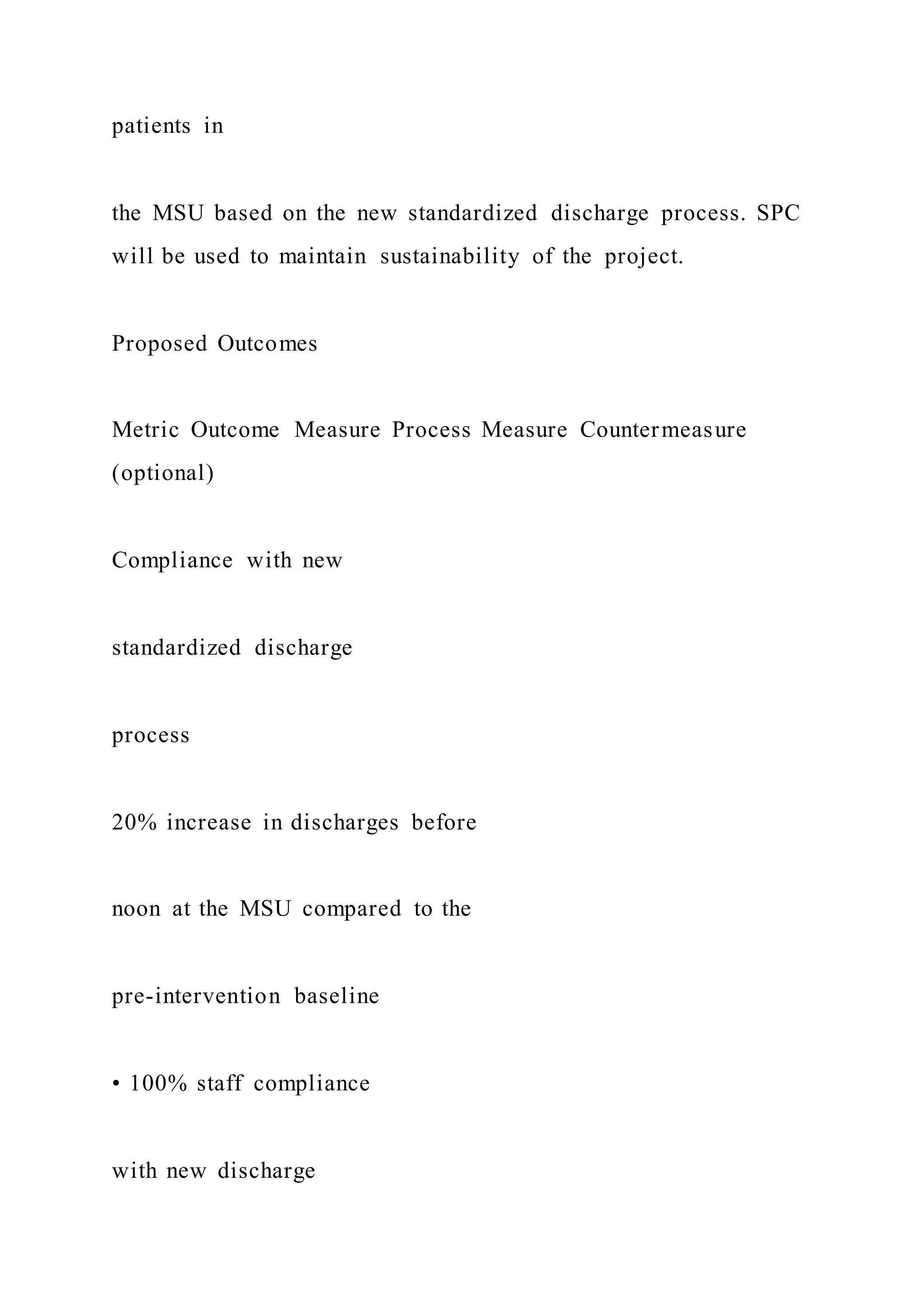 patients in
the MSU based on the new standardized discharge process. SPC
will be used to maintain sustainability of the project.
Proposed Outcomes
Metric Outcome Measure Process Measure Countermeasure
(optional)
Compliance with new
standardized discharge
process
20% increase in discharges before
noon at the MSU compared to the
pre-intervention baseline
• 100% staff compliance
with new discharge
 