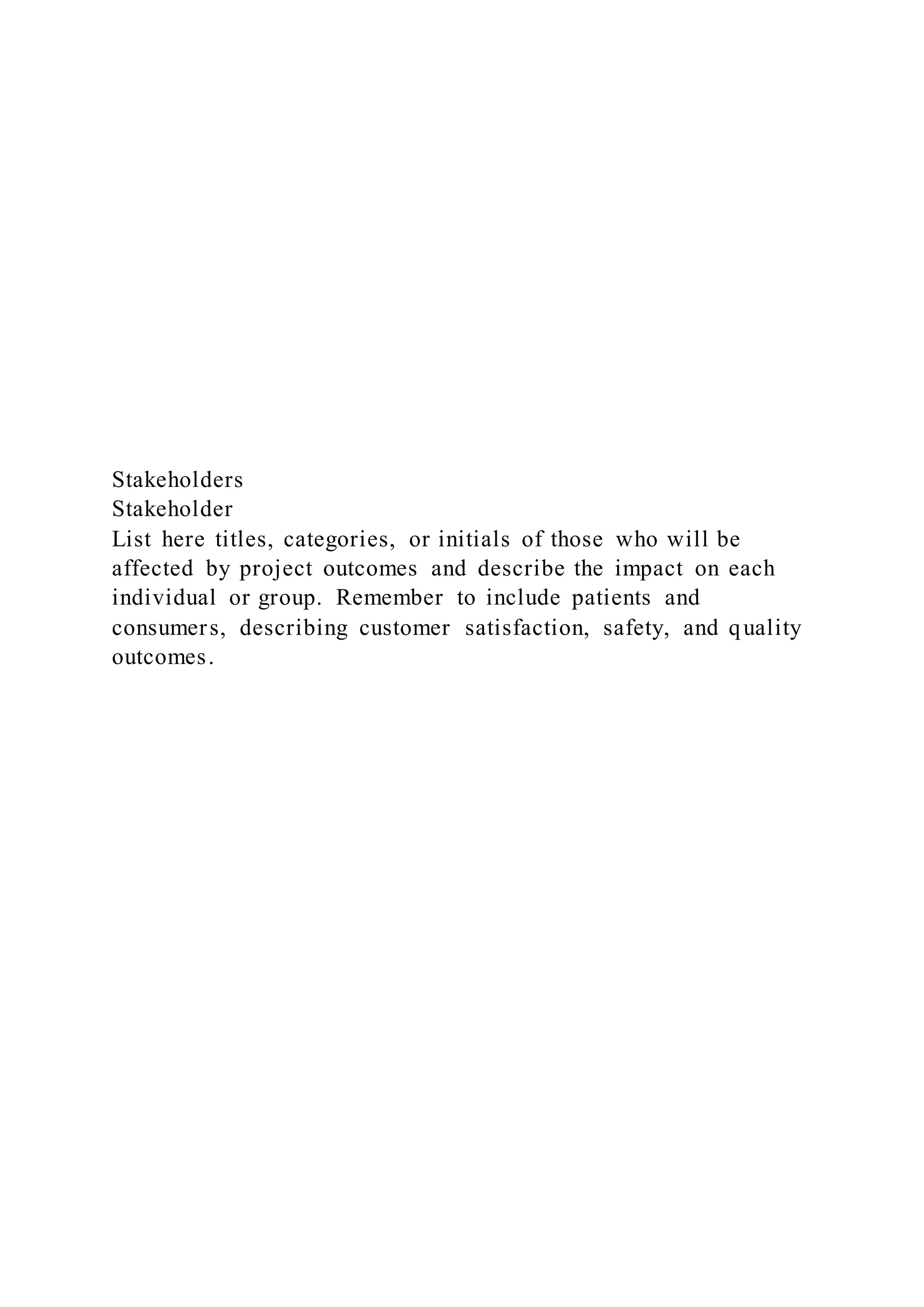 Stakeholders
Stakeholder
List here titles, categories, or initials of those who will be
affected by project outcomes and describe the impact on each
individual or group. Remember to include patients and
consumers, describing customer satisfaction, safety, and quality
outcomes.
 