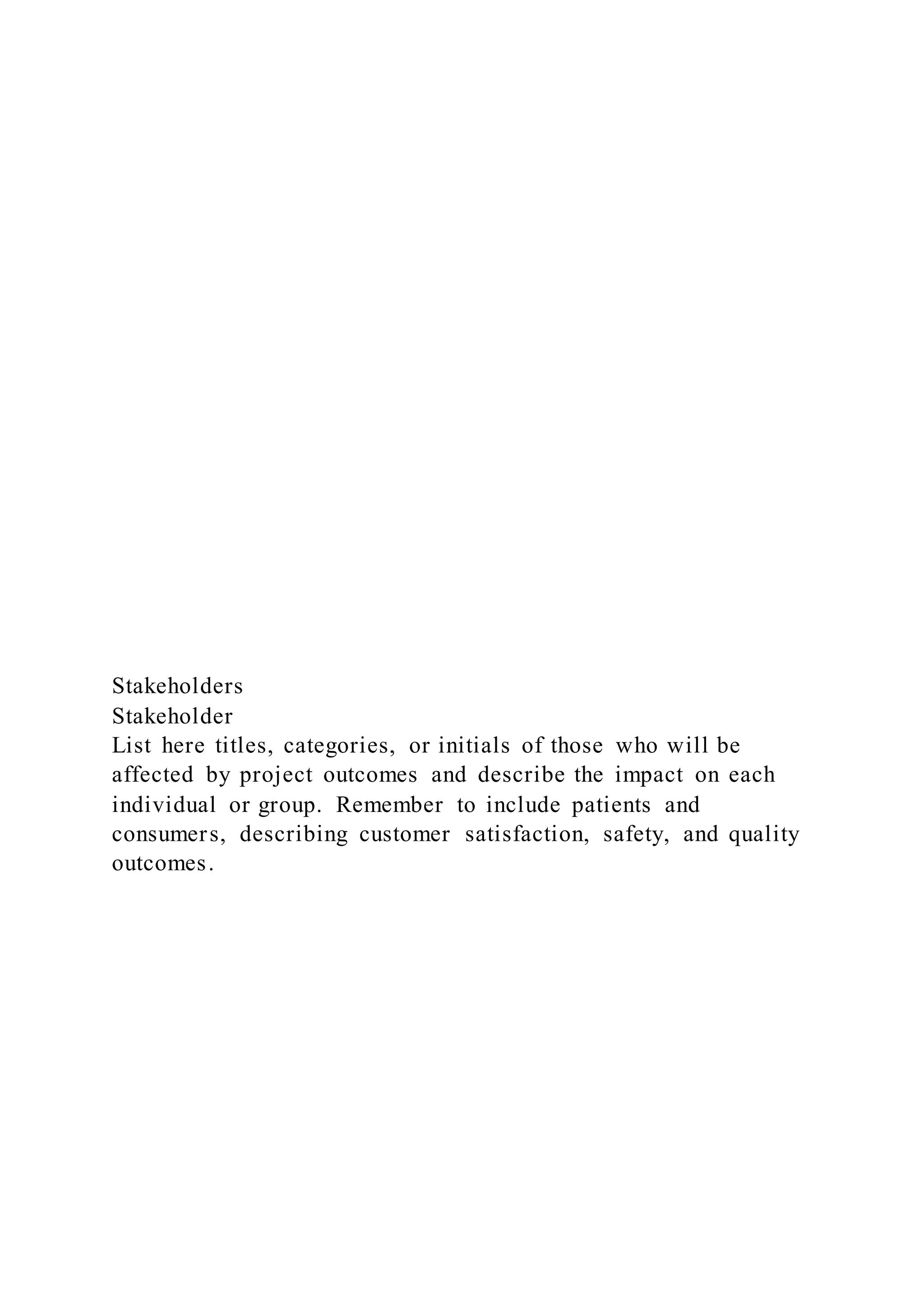 Stakeholders
Stakeholder
List here titles, categories, or initials of those who will be
affected by project outcomes and describe the impact on each
individual or group. Remember to include patients and
consumers, describing customer satisfaction, safety, and quality
outcomes.
 
