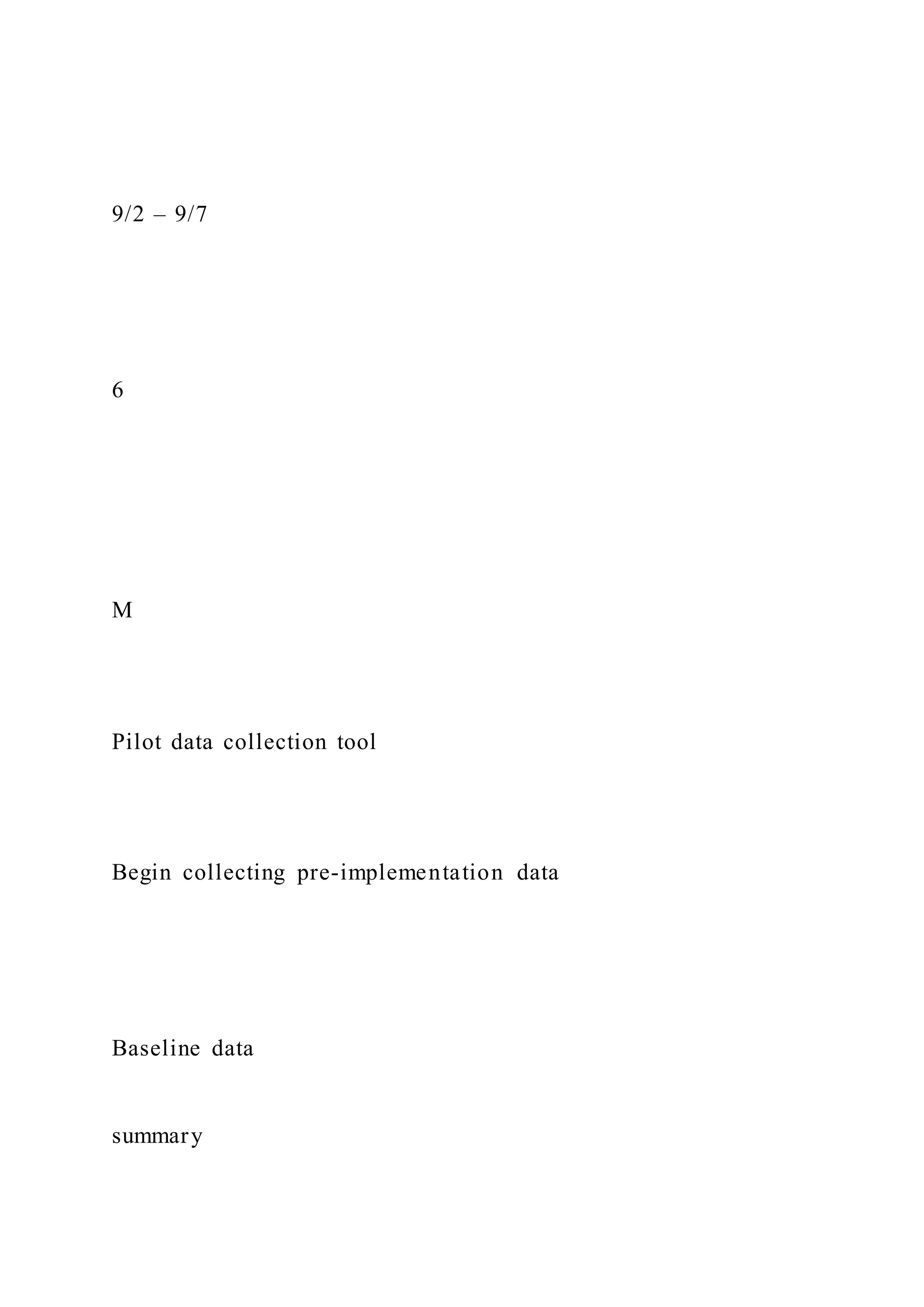 9/2 – 9/7
6
M
Pilot data collection tool
Begin collecting pre-implementation data
Baseline data
summary
 