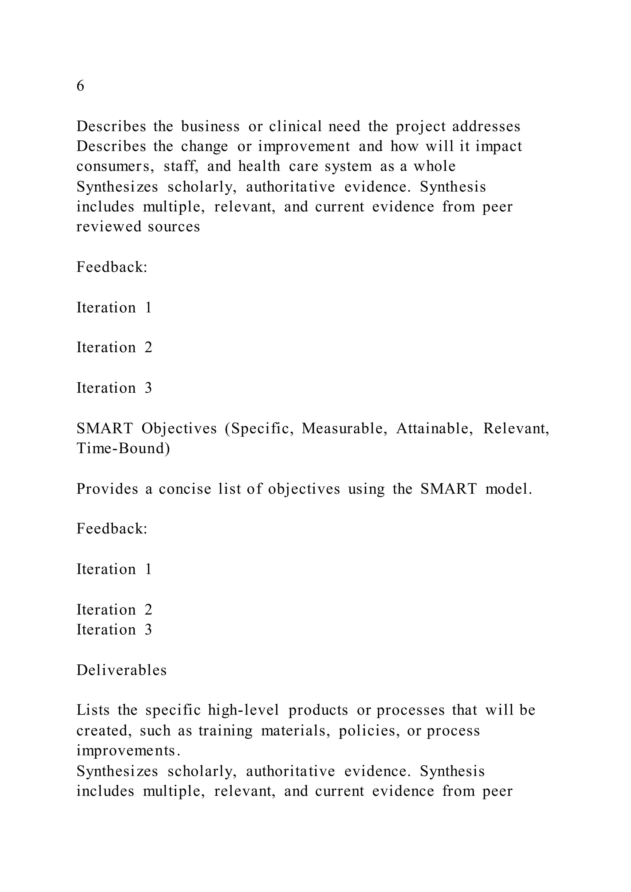 6
Describes the business or clinical need the project addresses
Describes the change or improvement and how will it impact
consumers, staff, and health care system as a whole
Synthesizes scholarly, authoritative evidence. Synthesis
includes multiple, relevant, and current evidence from peer
reviewed sources
Feedback:
Iteration 1
Iteration 2
Iteration 3
SMART Objectives (Specific, Measurable, Attainable, Relevant,
Time-Bound)
Provides a concise list of objectives using the SMART model.
Feedback:
Iteration 1
Iteration 2
Iteration 3
Deliverables
Lists the specific high-level products or processes that will be
created, such as training materials, policies, or process
improvements.
Synthesizes scholarly, authoritative evidence. Synthesis
includes multiple, relevant, and current evidence from peer
 