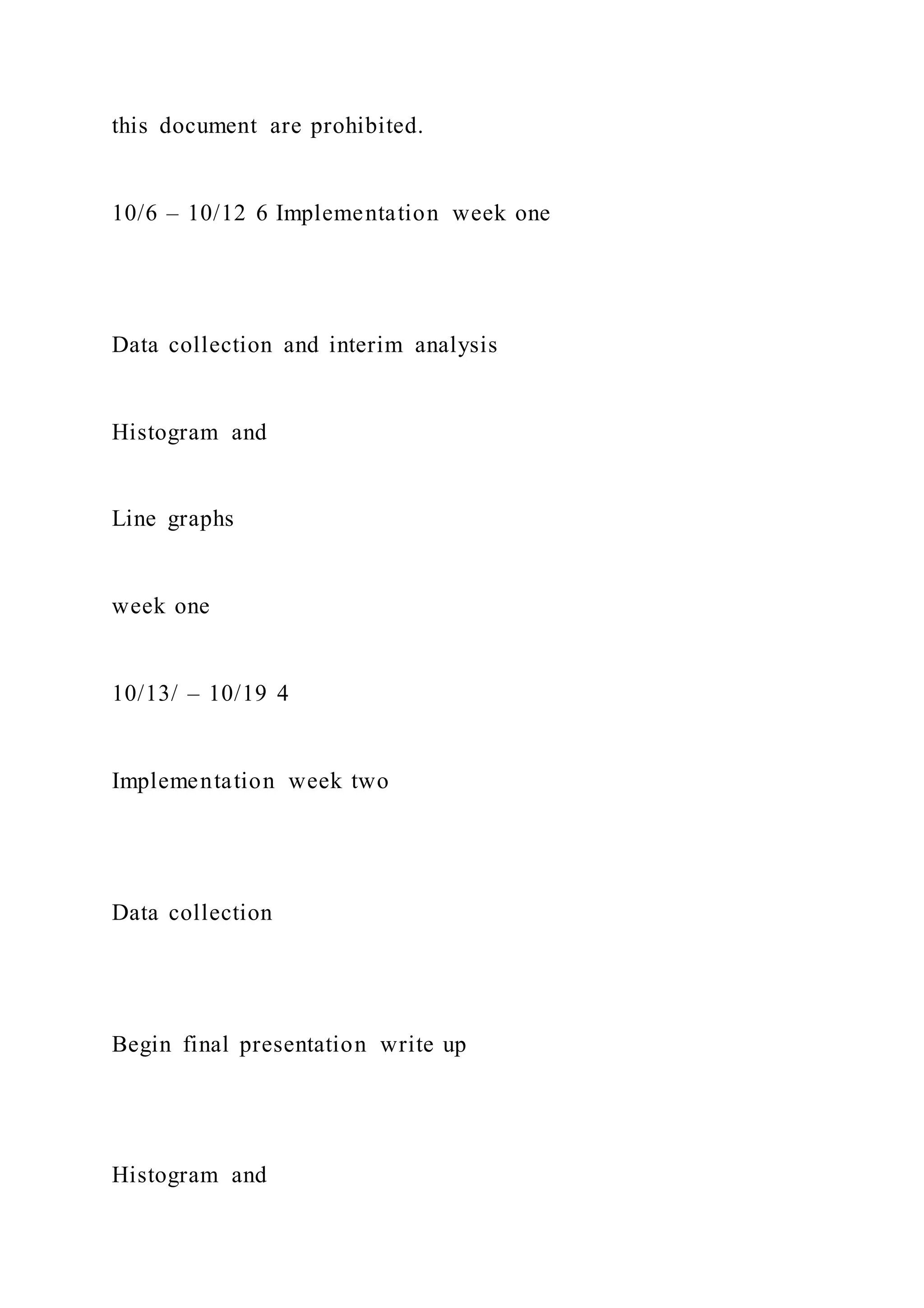 this document are prohibited.
10/6 – 10/12 6 Implementation week one
Data collection and interim analysis
Histogram and
Line graphs
week one
10/13/ – 10/19 4
Implementation week two
Data collection
Begin final presentation write up
Histogram and
 