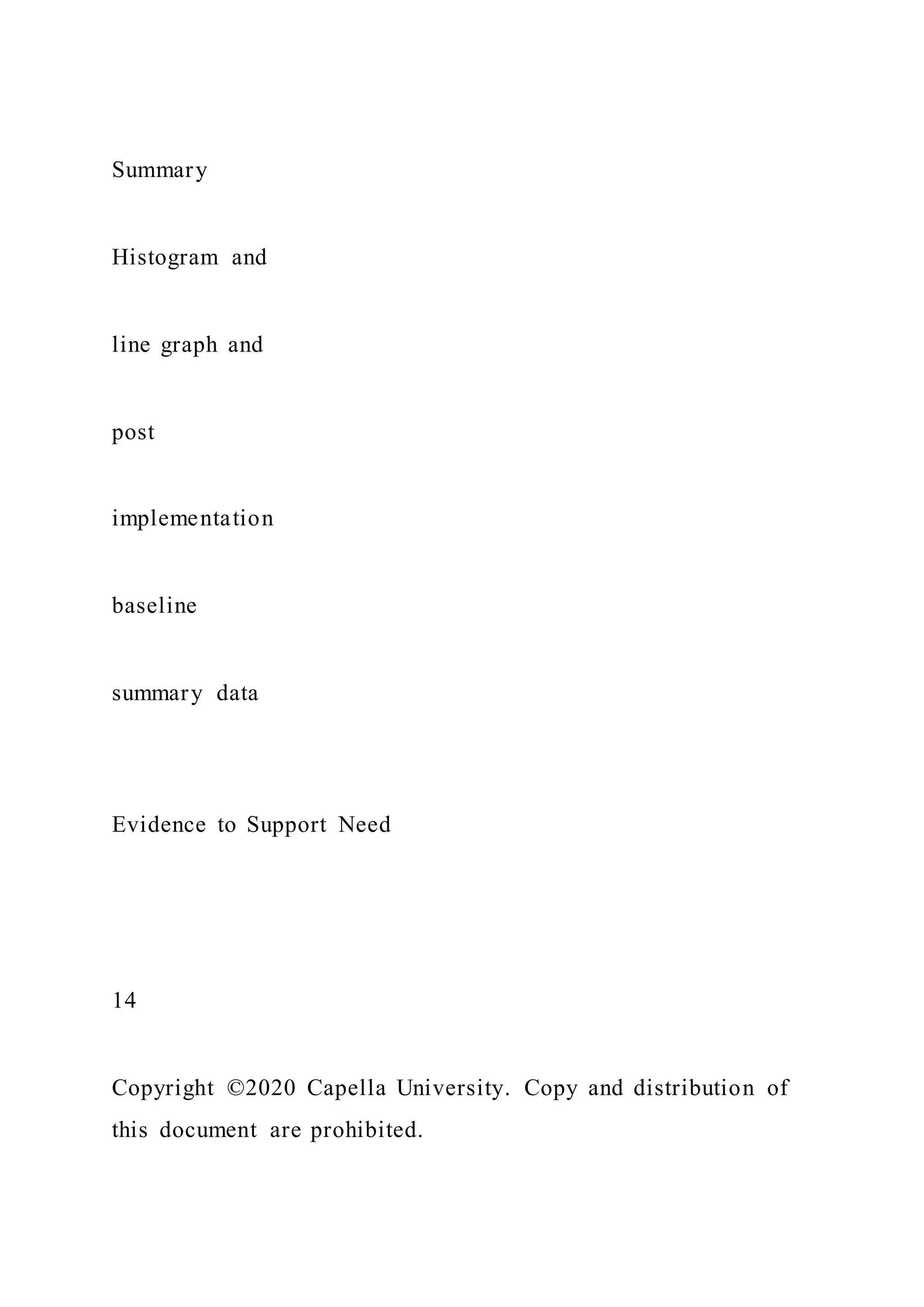 Summary
Histogram and
line graph and
post
implementation
baseline
summary data
Evidence to Support Need
14
Copyright ©2020 Capella University. Copy and distribution of
this document are prohibited.
 