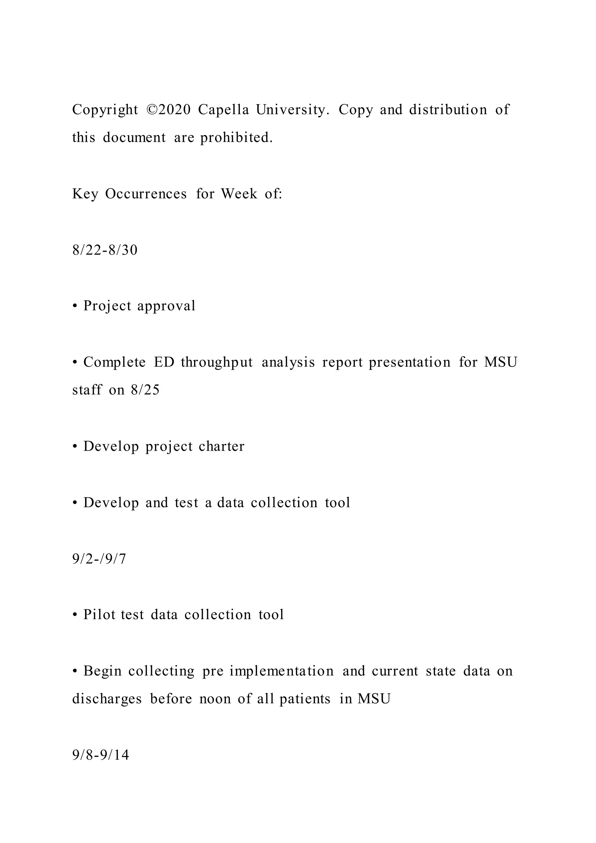 Copyright ©2020 Capella University. Copy and distribution of
this document are prohibited.
Key Occurrences for Week of:
8/22-8/30
• Project approval
• Complete ED throughput analysis report presentation for MSU
staff on 8/25
• Develop project charter
• Develop and test a data collection tool
9/2-/9/7
• Pilot test data collection tool
• Begin collecting pre implementation and current state data on
discharges before noon of all patients in MSU
9/8-9/14
 