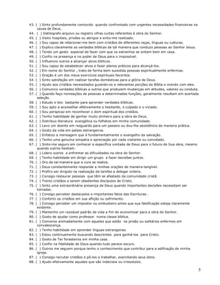 5
43. ( ) Sinto profundamente comovido quando confrontado com urgentes necessidades financeiras na
causa de Deus.
44. ( ) Datilografo arquivo ou registro cifras curtas referentes à obra do Senhor.
45. ( ) Visito hospitais, prisões ou abrigos e sinto-me realizado.
46. ( ) Sou capaz de relacionar-me bem com cristãos de diferentes raças, línguas ou culturas.
47. ( ) Explico claramente as verdades bíblicas de tal maneira que conduzo pessoas ao Senhor Jesus.
48. ( ) Tendo um gesto especial de fazer com que os estranhos se sintam bem em casa.
49. ( ) Confio na presença e no poder de Deus para o impossível.
50. ( ) Influencio outros a alcançar alvos bíblicos.
51. ( ) Sou capaz de estabelecer alvos e fazer planos práticos para alcançá-los.
52. ( ) Em nome do Senhor , trato de forma bem sucedida pessoas espiritualmente enfermas.
53. ( ) Oração é um dos meus exercícios espirituais favoritos.
54. ( ) Sinto satisfação em realizar tarefas domésticas para a glória de Deus.
55. ( ) Ajudo aos cristãos necessitados guiando-os a relevantes porções da Bíblia e orando com eles.
56. ( ) Comunico verdades bíblicas a outros que produzem mudanças em atitudes, valores ou conduta.
57. ( ) Quando faço nomeações de pessoas a determinadas funções, geralmente resultam em acertada
seleção.
58. ( ) Estudo e leio bastante para aprender verdades bíblicas.
59. ( ) Sou apto a aconselhar efetivamente o hesitante, o culpado e o viciado.
60. ( ) Sou perspicaz em reconhecer o dom espiritual dos cristãos.
61. ( ) Tenho habilidade de ganhar muito dinheiro para a obra de Deus.
62. ( ) Distribuo literatura evangélica ou folhetos em minha comunidade.
63. ( ) Levo um doente em resguardo para um passeio ou dou-lhe assistência de maneira prática.
64. ( ) Gosto da vida em países estrangeiros.
65. ( ) Enfatizo a mensagem que é fundamentalmente o evangelho da salvação.
66. ( ) Tenho uma genuína simpatia e apreciação por cada visitante ou convidado.
67. ( ) Sinto-me seguro em conhecer a específica vontade de Deus para o futuro de Sua obra, mesmo
quando outros hesitam.
68. ( ) Lidero outros a enfrentar as dificuldades na obra do Senhor.
69. ( ) Tenho habilidade em dirigir um grupo a fazer decisões juntos.
70. ( ) Oro de tal maneira que a cura se realiza.
71. ( ) Deus constantemente responde a minhas orações de maneira tangível.
72. ( ) Prefiro ser dirigido na realização de tarefas a delegar ordens.
73. ( ) Consigo restaurar pessoas que têm se afastado da comunidade cristã.
74. ( ) Treino cristãos a serem obedientes discípulos de Cristo.
75. ( ) Sinto uma extraordinária presença de Deus quando importantes decisões necessitam ser
tomadas.
76. ( ) Consigo perceber destacados e importantes fatos das Escrituras .
77. ( ) Conforto os cristãos em sua aflição ou sofrimento.
78. ( ) Consigo perceber um impostor ou embusteiro antes que sua falsificação esteja claramente
evidente.
79. ( ) Mantenho um razoável padrão de vida a fim de economizar para a obra do Senhor.
80. ( ) Gosto de ajudar como professor numa classe bíblica.
81. ( ) Converso animadamente com aqueles que estão na prisão ou solitários enfermos em
convalescença.
82. ( ) Tenho habilidade em aprender línguas estrangeiras.
83. ( ) Estou continuamente buscando descrentes para ganhá-los para Cristo.
84. ( ) Gosto de Ter forasteiros em minha casa.
85. ( ) Confio na fidelidade de Deus quando tudo parece escuro.
86. ( ) Outros me seguem porque tenho o conhecimento que contribui para a edificação de minha
igreja.
87. ( ) Consigo recrutar cristãos e pô-los a trabalhar, exercitando seus dons.
88. ( ) Ajudo efetivamente aqueles que são indecisos ou irresolutos.
 