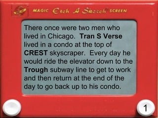 There once were two men who
lived in Chicago. Tran S Verse
lived in a condo at the top of
CREST skyscraper. Every day he
would ride the elevator down to the
Trough subway line to get to work
and then return at the end of the
day to go back up to his condo.


                                      1
 
