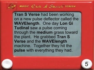 Tran S Verse had been working
on a new pulse deflector called the
WAVElength. One day Lon Gi
Tudinal saw a pulse coming
through the medium grass toward
the plant. He grabbed Tran S
Verse and the WAVElength
machine. Together they hit the
pulse with everything they had.


                                      5
 