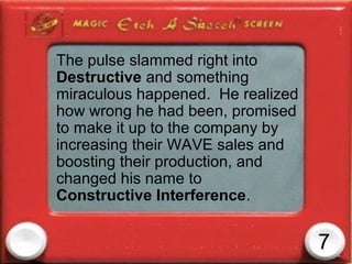 The pulse slammed right into
Destructive and something
miraculous happened. He realized
how wrong he had been, promised
to make it up to the company by
increasing their WAVE sales and
boosting their production, and
changed his name to
Constructive Interference.


                                   7
 