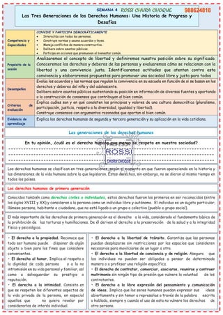 SEMANA 4
Las Tres Generaciones de los Derechos Humanos: Una Historia de Progreso y
Desafíos
Competencia y
Capacidades
CONVIVE Y PARTICIPA DEMOCRÁTICAMENTE
• Interactúa con todas las personas.
• Construye normas y asume acuerdos y leyes.
• Maneja conflictos de manera constructiva.
• Delibera sobre asuntos públicos.
• Participa en acciones que promuevan el bienestar común.
Propósito de la
sesión
Analizaremos el concepto de libertad y definiremos nuestra posición sobre su significado.
Conoceremos los derechos y deberes de las personas y evaluaremos cómo se relacionan con la
libertad y una convivencia justa. Identificaremos actitudes que atentan contra esta
convivencia y elaboraremos propuestas para promover una sociedad libre y justa para todos
Desempeños
Evalúa los acuerdos y las normas que regulan la convivencia en su escuela en función de si se basan en los
derechos y deberes del niño y del adolescente.
Delibera sobre asuntos públicos sustentando su posición en información de diversas fuentes y aportando
a la construcción de consensos que contribuyan al bien común.
Criterios de
evaluación
Explica cuáles son y en qué consisten los principios y valores de una cultura democrática (pluralismo,
participación, justicia, respeto a la diversidad, igualdad y libertad).
Construye consensos con argumentos razonados que aportan al bien común.
Evidencia de
aprendizaje
Explica los derechos humanos de segunda y tercera generación y su aplicación en la vida cotidiana.
En tu opinión, ¿cuál es el derecho humano que menos se respeta en nuestra sociedad?
----------------------------------------------------------------------------------
----------------------------------------------------------------------------------
----------------------------------------------------------------------------------
Las generaciones de los derechos humanos
Los derechos humanos se clasifican en tres generaciones, según el momento en que fueron apareciendo en la historia y
las dimensiones de la vida humana sobre la que legislaron. Estos derechos, sin embargo, no se dieron al mismo tiempo en
todos los países.
Los derechos humanos de primera generación
Conocidos también como derechos civiles o individuales, estos derechos fueron los primeros en ser reconocidos (entre
los siglos XVIII y XX) y consideran a la persona como un individuo libre y autónomo. El individuo es un sujeto particular,
llámese persona, habitante o ciudadano, que no está ligado a un grupo o colectivo (pueblo o grupo social).
El más importante de los derechos de primera generación es el derecho a la vida, considerado el fundamento básico de
la prohibición de las torturas y humillaciones. De él derivan el derecho a la preservación de la salud y a la integridad
física y psicológica.
• El derecho a la propiedad. Reconoce que
todo ser humano puede disponer de algún
objeto o bien para los fines que considere
convenientes.
• El derecho al honor. Implica el respeto a
la dignidad de cada persona y a la no
intromisión en su vida personal y familiar, así
como a salvaguardar su prestigio o
reputación.
• El derecho a la intimidad. Consiste en
que se respeten los diferentes aspectos de
la vida privada de la persona, en especial
aquellos que no quiera revelar por
considerarlos de interés individual.
• El derecho a la libertad de tránsito. Garantiza que las personas
puedan desplazarse sin restricciones por los espacios que consideren
necesarios para movilizarse de un lugar a otro.
• El derecho a la libertad de conciencia y de religión. Asegura que
los individuos no pueden ser obligados a pensar de determinada
manera o a profesar una religión específica.
• El derecho de contratar, comerciar, asociarse, reunirse y contraer
matrimonio sin ningún tipo de presión que vulnere la voluntad de los
contratantes.
• El derecho a la libre expresión del pensamiento y comunicación
de ideas. Implica que los seres humanos puedan expresar sus ideas
abiertamente y sin temor a represalias a través de la palabra escrita
o hablada, siempre y cuando el uso de esta no vulnere los derechos de
otra persona.
 