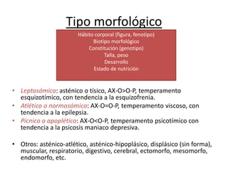 Tipo morfológico
                        Hábito corporal (figura, fenotipo)
                              Biotipo morfológico
                            Constitución (genotipo)
                                   Talla, peso
                                   Desarrollo
                              Estado de nutrición


• Leptosómico: asténico o tísico, AX-O>O-P, temperamento
  esquizotímico, con tendencia a la esquizofrenia.
• Atlético o normosómico: AX-O=O-P, temperamento viscoso, con
  tendencia a la epilepsia.
• Pícnico o apoplético: AX-O<O-P, temperamento psicotímico con
  tendencia a la psicosis maniaco depresiva.

• Otros: asténico-atlético, asténico-hipoplásico, displásico (sin forma),
  muscular, respiratorio, digestivo, cerebral, ectomorfo, mesomorfo,
  endomorfo, etc.
 