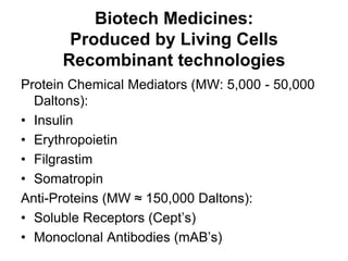 Biotech Medicines:
Produced by Living Cells
Recombinant technologies
Protein Chemical Mediators (MW: 5,000 - 50,000
Daltons):
• Insulin
• Erythropoietin
• Filgrastim
• Somatropin
Anti-Proteins (MW ≈ 150,000 Daltons):
• Soluble Receptors (Cept’s)
• Monoclonal Antibodies (mAB’s)

 
