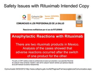 Safety Issues with Rituximab Intended Copy

Anaphylactic Reactions with Rituximab
There are two rituximab products in Mexico.
Analysis of the cases showed that
adverse reactions occurred after the switch
of one product for the other.

Comunicado 04/04/2012 http://www.cofepris.gob.mx/AZ/Paginas/Farmacovigilancia/Comunicados.aspx

 