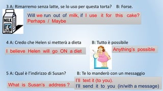 4 A: Credo che Helen si metterà a dieta B: Tutto è possibile
5 A: Qual è l’indirizzo di Susan? B: Te lo manderò con un messaggio
3 A: Rimarremo senza latte, se lo uso per questa torta? B: Forse.
Will we run out of milk, if I use it for this cake?
Perhaps / Maybe
I believe Helen will go ON a diet Anything’s possible
What is Susan’s address ?
I’ll text it (to you).
I’ll send it to you (in/with a message)
 
