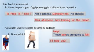 7 A: Aiuto! Queste scatole pesanti mi cadono!
B: Ti aiuterò io!
6 A: Fred è ammalato?
B: Neanche per sogno. Oggi pomeriggio si allenerà per la partita
Is Fred ill / sick ? Not a chance. Definitely not. No chance.
This afternoon he’s training for the match
Help!
These boxes are going to fall!
I’ll help you!
 