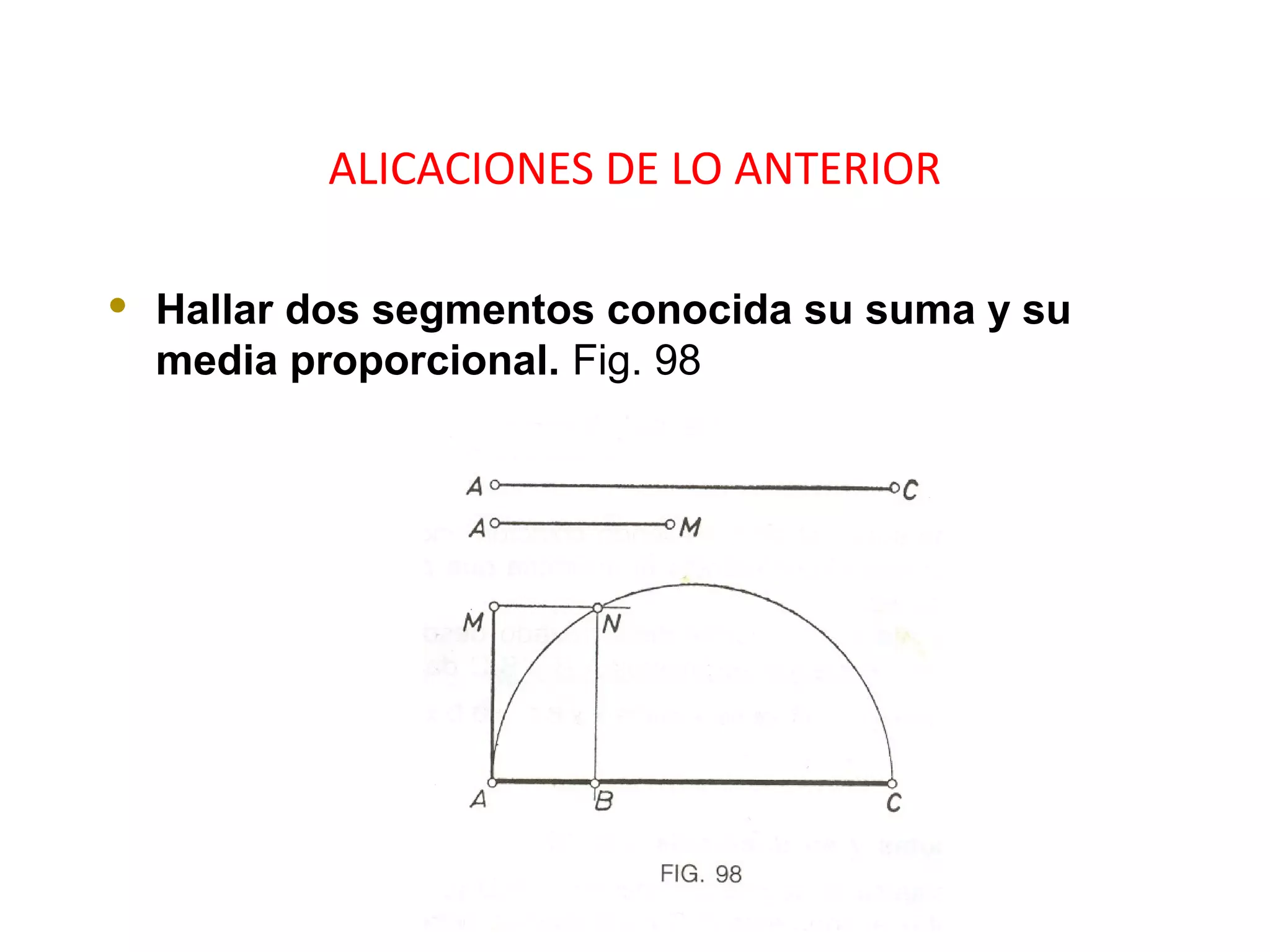 ALICACIONES DE LO ANTERIOR
 Hallar dos segmentos conocida su suma y su
media proporcional. Fig. 98
 