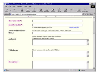 DCMI Metadata Terms
http://dublincore.org/documents/2012/06/14/dcmi-terms/?v=terms#
• DCMI Metadata Terms
• Title: DCMI Metadata Terms
• Creator: DCMI Usage Board
• Identifier: http://dublincore.org/documents/2012/06/14/dcmi-terms/
• Date Issued: 2012-06-14
• Latest Version: http://dublincore.org/documents/dcmi-terms/
• Replaces: http://dublincore.org/documents/2010/10/11/dcmi-terms/
• Translations: http://dublincore.org/resources/translations/
• Document Status: This is a DCMI Recommendation.
• Description: This document is an up-to-date specification of all metadata
terms maintained by the Dublin Core Metadata Initiative, including
properties, vocabulary encoding schemes, syntax encoding schemes, and
classes.
27،‫نيسان‬1490
 