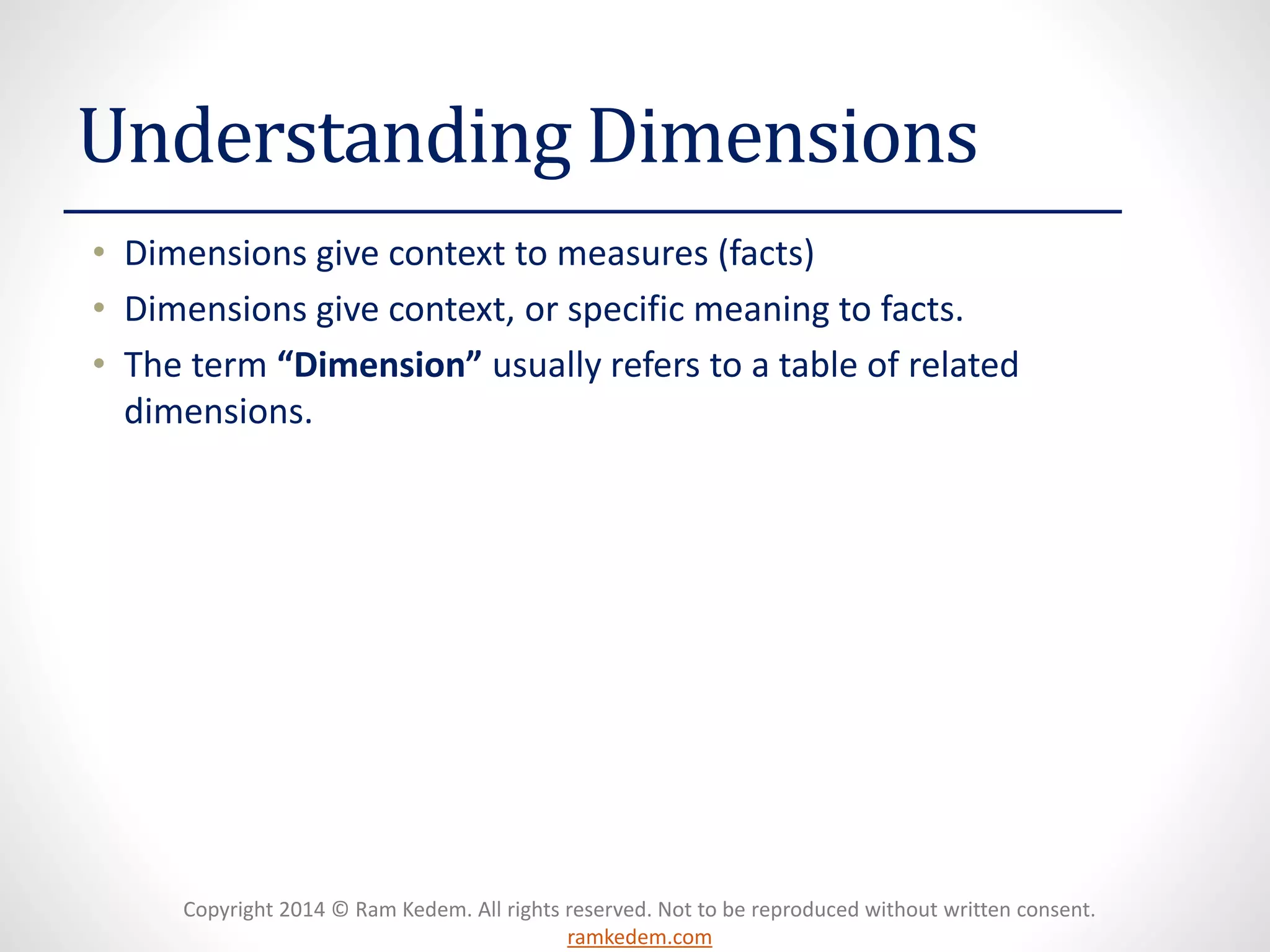 Copyright 2014 © Ram Kedem. All rights reserved. Not to be reproduced without written consent. ramkedem.com 
Understanding Dimensions 
•Dimensions give context to measures (facts) 
•Dimensions give context, or specific meaning to facts. 
•The term “Dimension” usually refers to a table of related dimensions.  