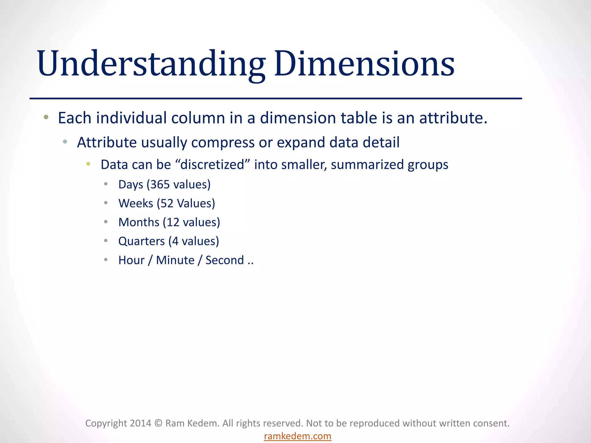 Copyright 2014 © Ram Kedem. All rights reserved. Not to be reproduced without written consent. ramkedem.com 
Understanding Dimensions 
•Each individual column in a dimension table is an attribute. 
•Attribute usually compress or expand data detail 
•Data can be “discretized” into smaller, summarized groups 
•Days (365 values) 
•Weeks (52 Values) 
•Months (12 values) 
•Quarters (4 values) 
•Hour / Minute / Second ..  