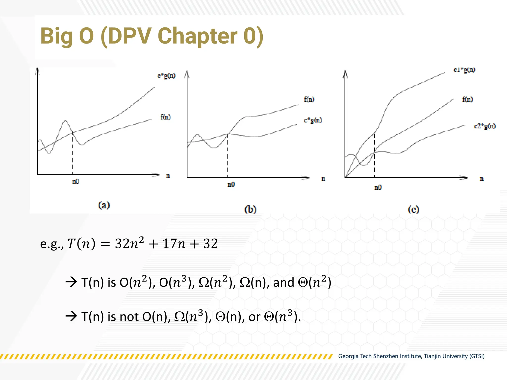 Big O (DPV Chapter 0)
e.g., 𝑇 𝑛 = 32𝑛2
+ 17𝑛 + 32
→ T(n) is O(𝑛2
), O(𝑛3
), (𝑛2
), (n), and (𝑛2
)
→ T(n) is not O(n), (𝑛3), (n), or (𝑛3).
 