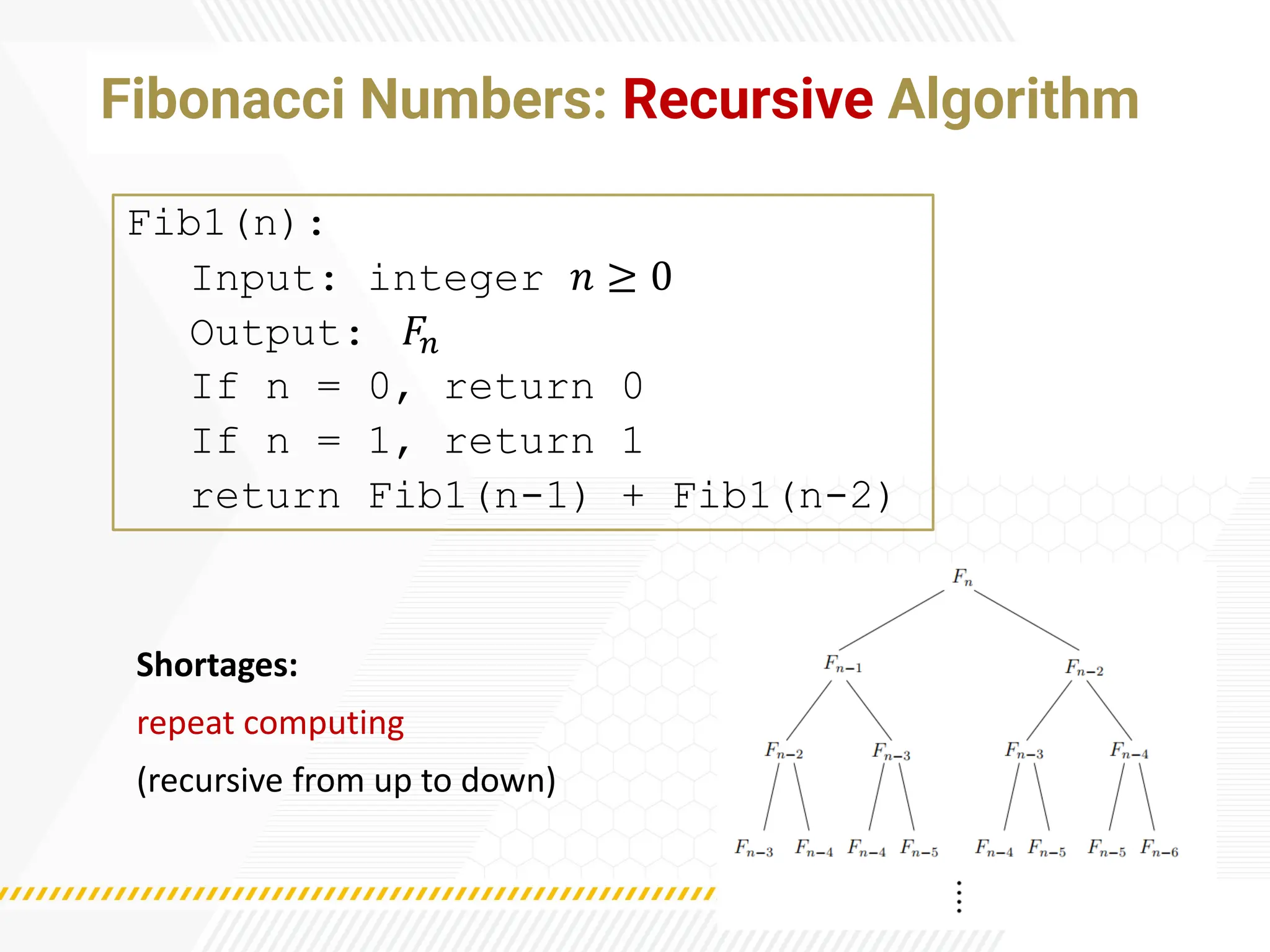 Fibonacci Numbers: Recursive Algorithm
Fib1(n):
Input: integer 𝑛 ≥ 0
Output: 𝐹𝑛
If n = 0, return 0
If n = 1, return 1
return Fib1(n-1) + Fib1(n-2)
Shortages:
repeat computing
(recursive from up to down)
 