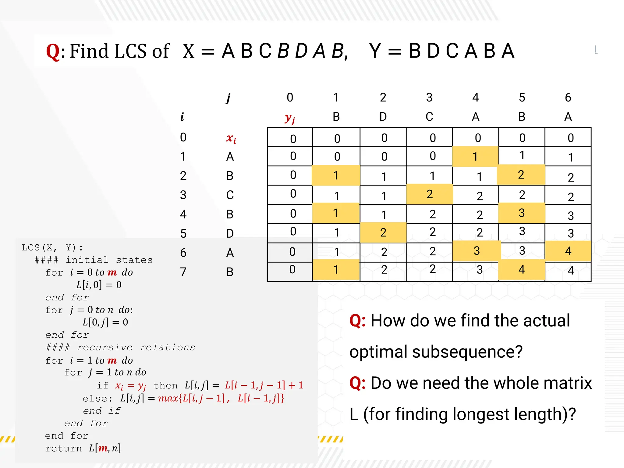LCS(X, Y):
#### initial states
for 𝑖 = 0 𝑡𝑜 𝒎 𝑑𝑜
𝐿 𝑖, 0 = 0
end for
for 𝑗 = 0 𝑡𝑜 𝑛 𝑑𝑜:
𝐿 0, 𝑗 = 0
end for
#### recursive relations
for 𝑖 = 1 𝑡𝑜 𝒎 𝑑𝑜
for 𝑗 = 1 𝑡𝑜 𝑛 𝑑𝑜
if 𝑥𝑖 = 𝑦𝑗 then 𝐿 𝑖, 𝑗 = 𝐿 𝑖 − 1, 𝑗 − 1 + 1
else: 𝐿 𝑖, 𝑗 = 𝑚𝑎𝑥 𝐿 𝑖, 𝑗 − 1 , 𝐿 𝑖 − 1, 𝑗
end if
end for
end for
return 𝐿 𝒎, 𝑛
𝐐: Find LCS of X = A B C B D A B, Y = B D C A B A
𝒋 0 1 2 3 4 5 6
𝒊 𝒚𝒋 B D C A B A
0 𝒙𝒊
1 A
2 B
3 C
4 B
5 D
6 A
7 B
0 0 0 0 0 0
0
0
0
0
0
0
0
0
0 0 0 1 1 1
1 1 1 1 2 2
1 1 2 2 2 2
1 1 2 2 3 3
1 2 2 2 3 3
1 2 2 3 3 4
1 2 2 3 4 4
Q: How do we find the actual
optimal subsequence?
Q: Do we need the whole matrix
L (for finding longest length)?
 