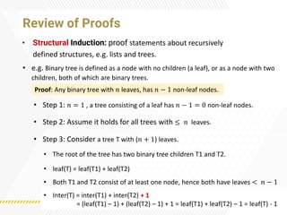 Review of Proofs
• Structural Induction: proof statements about recursively
defined structures, e.g. lists and trees.
• e.g. Binary tree is defined as a node with no children (a leaf), or as a node with two
children, both of which are binary trees.
• The root of the tree has two binary tree children T1 and T2.
Proof: Any binary tree with 𝑛 leaves, has 𝑛 − 1 non-leaf nodes.
• Step 1: 𝑛 = 1 , a tree consisting of a leaf has 𝑛 − 1 = 0 non-leaf nodes.
• Step 2: Assume it holds for all trees with ≤ 𝑛 leaves.
• Step 3: Consider a tree T with (𝑛 + 1) leaves.
• Both T1 and T2 consist of at least one node, hence both have leaves < 𝑛 − 1
• leaf(T) = leaf(T1) + leaf(T2)
• Inter(T) = inter(T1) + inter(T2) + 1
= (leaf(T1) – 1) + (leaf(T2) – 1) + 1 = leaf(T1) + leaf(T2) – 1 = leaf(T) - 1
 