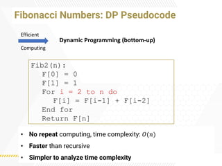 Fibonacci Numbers: DP Pseudocode
Fib2(n):
F[0] = 0
F[1] = 1
For i = 2 to n do
F[i] = F[i-1] + F[i-2]
End for
Return F[n]
• No repeat computing, time complexity: 𝑂(𝑛)
• Faster than recursive
• Simpler to analyze time complexity
Dynamic Programming (bottom-up)
Efficient
Computing
 