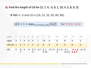 Q: Find the length of LIS for {5, 7, 4, -3, 9, 1, 10, 4, 5, 8, 9, 3}
→ len = 6 and LIS is {10, 22, 33, 50, 60, 80}.
index 1 2 3 4 5 6 7 8 9 10 11 12
value 5 7 4 -3 9 1 10 4 5 8 9 3
LIS_Len 1 2 1 1 3 2 4 3 4 5 6 3
LIS 5 5,
7
4 -3 5, 7,
9
-3, 1 5, 7,
9, 10
-3, 1, 4 -3, 1, 4,
5
-3, 1,
4, 5, 8
-3, 1, 4,
5, 8, 9
-3, 1,3
𝐿 𝑖 = 1 + max1≤ 𝑗<𝑖,& 𝑎𝑗<𝑎𝑖
𝐿 𝑗 for ∀ 2 ≤ 𝑖 ≤ 𝑛
 