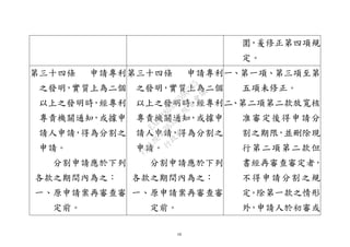 10
圍，爰修正第四項規
定。
第三十四條 申請專利
之發明，實質上為二個
以上之發明時，經專利
專責機關通知，或據申
請人申請，得為分割之
申請。
分割申請應於下列
各款之期間內為之：
一、原申請案再審查審
定前。
第三十四條 申請專利
之發明，實質上為二個
以上之發明時，經專利
專責機關通知，或據申
請人申請，得為分割之
申請。
分割申請應於下列
各款之期間內為之：
一、原申請案再審查審
定前。
一、第一項、第三項至第
五項未修正。
二、第二項第二款放寬核
准審定後得申請分
割之期限，並刪除現
行第二項第二款但
書經再審查審定者，
不得申請分割之規
定。除第一款之情形
外，申請人於初審或
行
政
院
行
政
院
第
3632次
院
會
會
議
EAE7480AC6596335
 