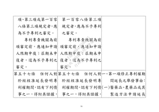 16
項、第三項或第一百零
八條第三項規定者，應
為不予專利之審定。
專利專責機關為前
項審定前，應通知申請
人限期申復；屆期未申
復者，逕為不予專利之
審定。
第一百零八條第三項
規定者，應為不予專利
之審定。
專利專責機關為前
項審定前，應通知申請
人限期申復；屆期未申
復者，逕為不予專利之
審定。
第五十七條 任何人對
於經核准延長發明專
利權期間，認有下列情
事之一，得附具證據，
第五十七條 任何人對
於經核准延長發明專
利權期間，認有下列情
事之一，得附具證據，
一、第一項修正專利權期
間延長之舉發事由：
(一)醫藥品、農藥品或其
製造方法申請延長
行
政
院
行
政
院
第
3632次
院
會
會
議
EAE7480AC6596335
 