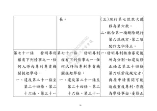 20
長。 (三)現行第七款款次遞
移為第六款。
二、配合第一項刪除現行
第六款規定，第二項
酌作文字修正。
第七十一條 發明專利
權有下列情事之一，任
何人得向專利專責機
關提起舉發：
一、違反第二十一條至
第二十四條、第二
十六條、第三十一
第七十一條 發明專利
權有下列情事之一，任
何人得向專利專責機
關提起舉發：
一、違反第二十一條至
第二十四條、第二
十六條、第三十一
一、發明專利核准審定後
所為分割，如違反修
正條文第三十四條
第六項前段規定者，
與原申請案間可能
造成重複專利，亦應
為舉發事由，爰修正
行
政
院
行
政
院
第
3632次
院
會
會
議
EAE7480AC6596335
 