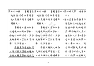 25
第七十四條 專利專責
機關接到前條申請書
後，應將其副本送達專
利權人。
專利權人應於副本
送達後一個月內答辯；
除先行申明理由，准予
展期者外，屆期未答辯
者，逕予審查。
舉發案件審查期間
，專利權人僅得於通知
答辯、補充答辯或申復
第七十四條 專利專責
機關接到前條申請書
後，應將其副本送達專
利權人。
專利權人應於副本
送達後一個月內答辯；
除先行申明理由，准予
展期者外，屆期未答辯
者，逕予審查。
舉發人補提之理由
或證據有遲滯審查之虞
，或其事證已臻明確者
一、第一項及第二項未修
正。
二、為確實掌控舉發案件
審查期程，避免延宕
審查而損及兩造權
益，舉發期間之更正
有限制之必要，爰參
考日本特許法第一
百三十四條之二規
定限制提起更正時
點。另修正條文第七
十三條第四項規定
行
政
院
行
政
院
第
3632次
院
會
會
議
EAE7480AC6596335
 