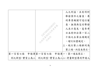 34
人之利益，且有利於
舉發案件之審查，專
利專責機關可逕行審
查，無須再交付舉發
人表示意見，爰參考
日本特許法第一百二
十條之五第五項規定
，增訂但書規定。
三、現行第二項移列為
第三項，內容未修正。
第一百零七條 申請專
利之新型，實質上為二
第一百零七條 申請專
利之新型，實質上為二
一、第一項未修正。
二、考量新型專利申請人
行
政
院
行
政
院
第
3632次
院
會
會
議
EAE7480AC6596335
 