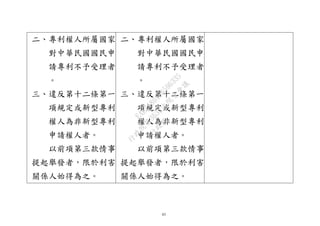 43
二、專利權人所屬國家
對中華民國國民申
請專利不予受理者
。
三、違反第十二條第一
項規定或新型專利
權人為非新型專利
申請權人者。
以前項第三款情事
提起舉發者，限於利害
關係人始得為之。
二、專利權人所屬國家
對中華民國國民申
請專利不予受理者
。
三、違反第十二條第一
項規定或新型專利
權人為非新型專利
申請權人者。
以前項第三款情事
提起舉發者，限於利害
關係人始得為之。
行
政
院
行
政
院
第
3632次
院
會
會
議
EAE7480AC6596335
 