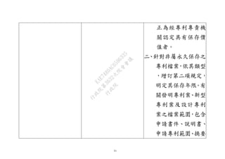 51
正為經專利專責機
關認定具有保存價
值者。
二、針對非屬永久保存之
專利檔案，依其類型
，增訂第二項規定，
明定其保存年限。有
關發明專利案、新型
專利案及設計專利
案之檔案範圍，包含
申請書件、說明書、
申請專利範圍、摘要
行
政
院
行
政
院
第
3632次
院
會
會
議
EAE7480AC6596335
 