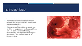 PERFIL BIOFÍSICO
 Informa sobre la integridad de la función
cerebral fetal, lo que prueba la ausencia de
hipoxemia sistémica.
 El compromiso fetal crónico se asocia con
cambios en los patrones cardiotocográficos,
con ↓ de los movimientos fetales y
respiratorios y con la presencia de oliguria
secundaria a una centralización de la
circulación fetal
 