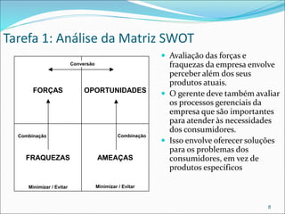 Tarefa 1: Análise da Matriz SWOT
 Avaliação das forças e
fraquezas da empresa envolve
perceber além dos seus
produtos atuais.
 O gerente deve também avaliar
os processos gerenciais da
empresa que são importantes
para atender às necessidades
dos consumidores.
 Isso envolve oferecer soluções
para os problemas dos
consumidores, em vez de
produtos específicos
8
FORÇAS
AMEAÇAS
OPORTUNIDADES
FRAQUEZAS
Conversão
Combinação
Minimizar / Evitar
Combinação
Minimizar / Evitar
 