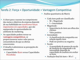 Tarefa 2: Força + Oportunidade = Vantagem Competitiva
 A chave para o sucesso no cumprimento
das metas e objetivos da empresa depende
de sua habilidade em transformar forças
importantes em capacidades, que são
equiparadas às oportunidades do
ambiente de marketing.
 As capacidades podem tornar-se
vantagens competitivas, se
proporcionarem maior valor para os
consumidores do que as ofertas
concorrentes
 O desafio é administrar as percepções do
consumidor
 Capacidades Reais versus Capacidades
Percebidas
 Análise quantitativa da Matriz
 Cada item pode ser classificado:
 M = Magnitude
 I = Intensidade
 Magnitude:
 Importância do item aos olhos dos
clientes
 Valor positivo
 Intensidade:
 A classificação da companhia em
relação àquele item
 Pode ser positiva ou negativa
 Escala:
 A quantidade de pontos da escala
de medição da magnitude e da
intensidade depende da
capacidade do analista em avaliar
os itens
 Avaliação final do item = M x I
9
 