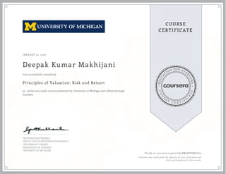 EDUCA
T
ION FOR EVE
R
YONE
CO
U
R
S
E
C E R T I F
I
C
A
TE
COURSE
CERTIFICATE
JANUARY 22, 2016
Deepak Kumar Makhijani
Principles of Valuation: Risk and Return
an online non-credit course authorized by University of Michigan and offered through
Coursera
has successfully completed
PROFESSOR GAUTAM KAUL
FRED M. TAYLOR PROFESSOR OF BUSINESS &
PROFESSOR OF FINANCE
ROSS SCHOOL OF BUSINESS
UNIVERSITY OF MICHIGAN
Verify at coursera.org/verify/8W98JTAQCLG3
Coursera has confirmed the identity of this individual and
their participation in the course.
 