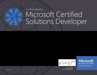Satya Nadella
Chief Executive Officer
Charter member
Microsoft Certified
Solutions Developer
Part No. X18-83690
REISHABH SAXENA
Has successfully completed the requirements to be recognized as a Microsoft Certified Solutions
Developer: App Builder.
Date of achievement: 09/26/2016
Certification number: F811-7214
 